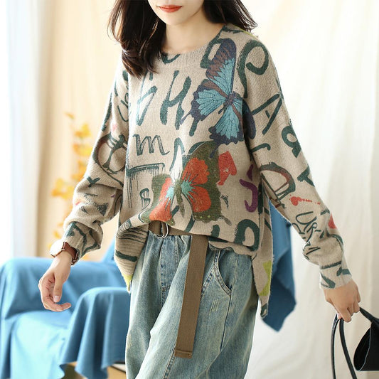 Buykud Butterfly Print High Low Hem Pullover Sweater