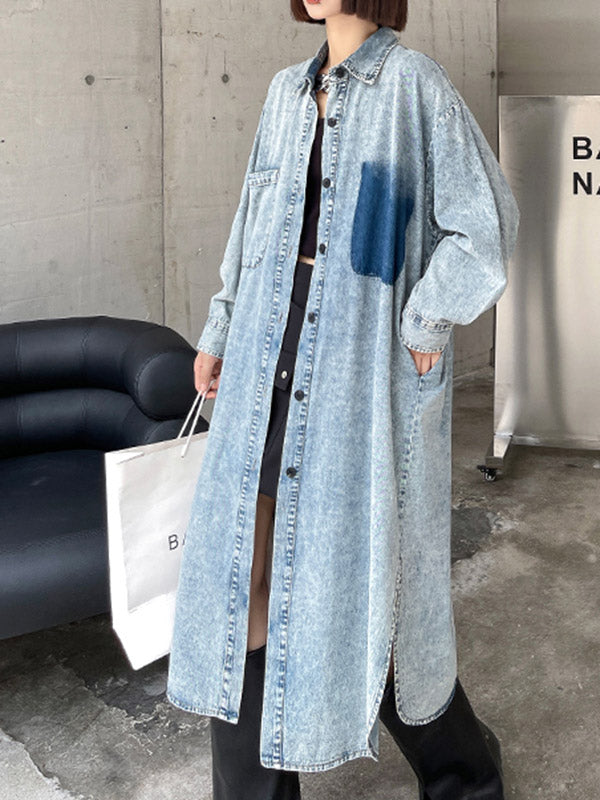 Simple Cool Raw Denim Split-Side Split-Joint With Pocket Buttoned Lapel Collar Long Sleeves Midi Shirt Dress