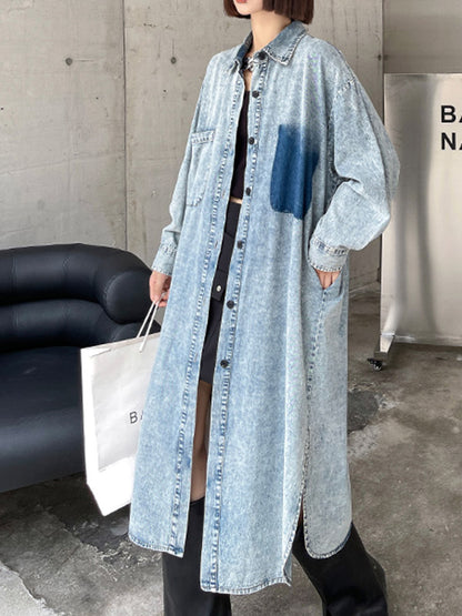 Simple Cool Raw Denim Split-Side Split-Joint With Pocket Buttoned Lapel Collar Long Sleeves Midi Shirt Dress