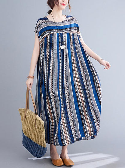 Casual Split-Joint Striped Round-Neck Short Sleeves Loose Midi Dress