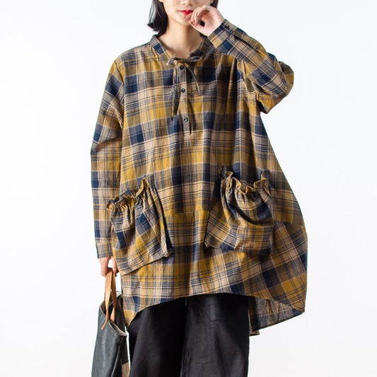 Casual Long Sleeve Yellow Plaid Women Shirt
