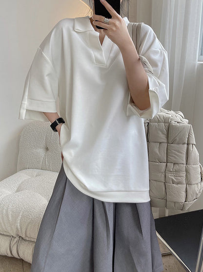 Girlish Loose Black&White V-Neck Half Sleeves T-Shirts