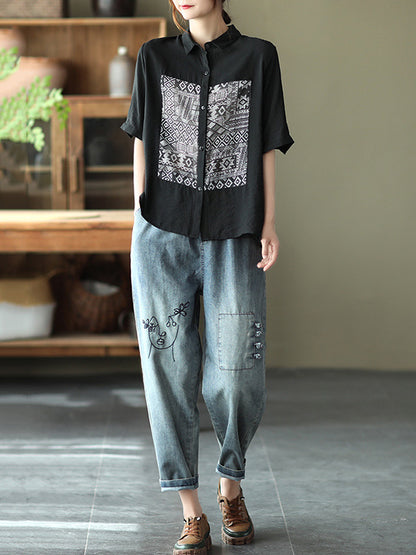 Original Ethnic Printed Lapel Shirt Blouse Tops