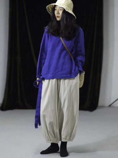 Vintage Linen Solid Lace-up Long Sleeves T-shirt