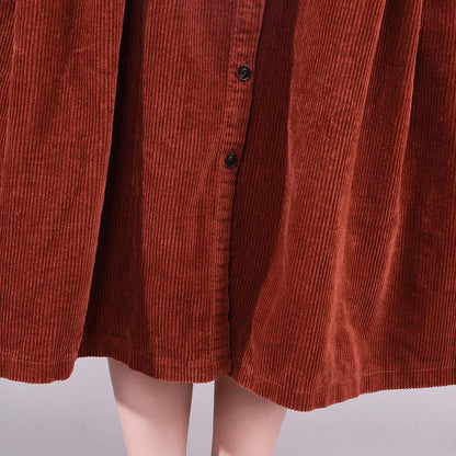 Buykud Long Sleeve Round Neck Corduroy Casual Midi Dress