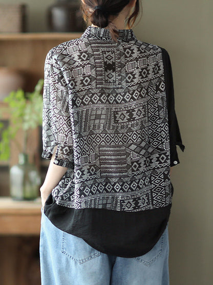 Original Printing Half Sleeve Lapel Blouse Tops
