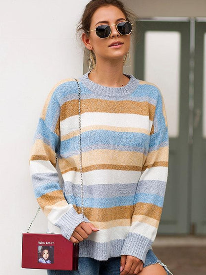 Two-tone Flocked Striped Loose Sweater