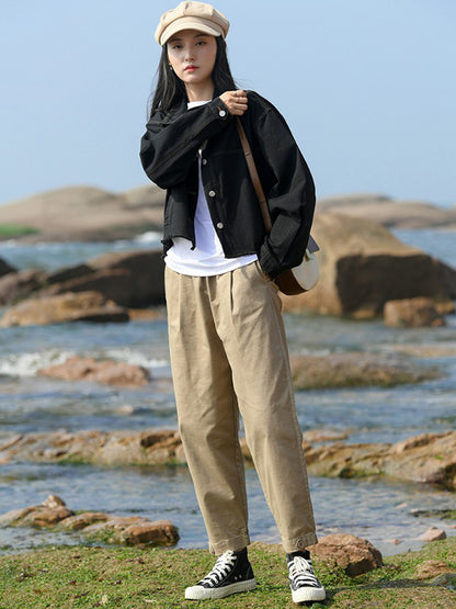 Artistic Retro Loose Elasticity Solid Color Casual Pants Bottoms