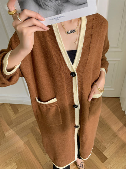 Stylish Loose Long Sleeves Split-Joint V-Neck With Pockets Cardigan Tops