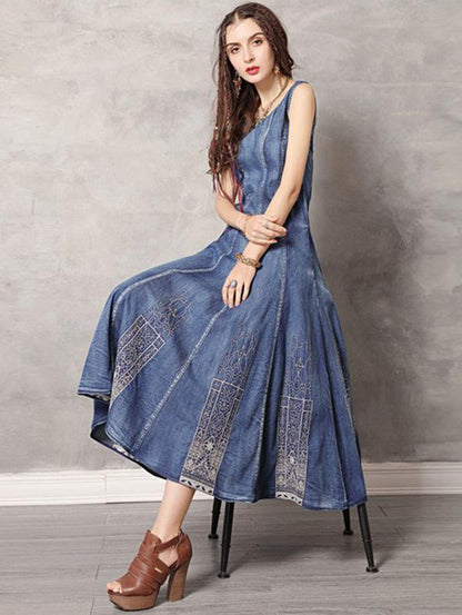 2019 Summer New Vintage Embroidery Denim Dress
