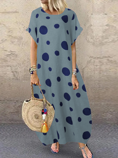 Casual Polka-Dot Batwing Sleeves Round-Neck Maxi Dress