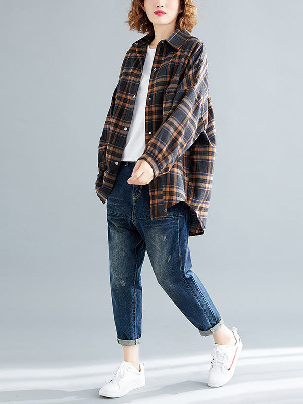Artistic Retro Plaid Buttoned Lapel Collar Long Sleeves Blouse