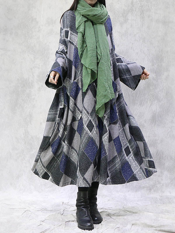 Artistic Retro Plaid Drawstring Hooded Midi Dress