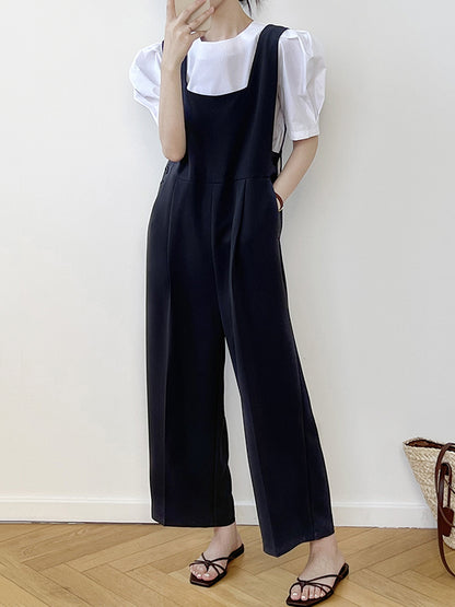 Casual Loose Solid Color Wide Leg Overalls