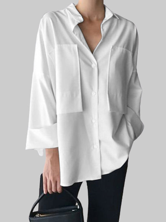 Urban Solid Color With Big Pocket Lapel Long Sleeves Blouses