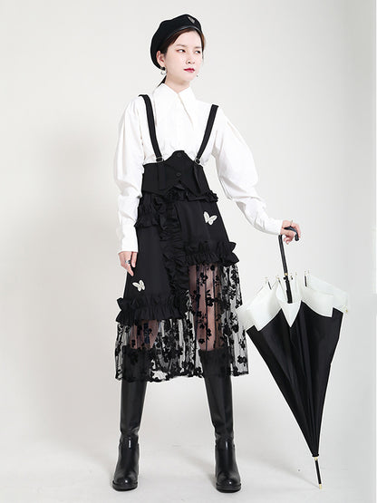 Stylish Mesh Hollow Embroidered Elasticity Split-Joint Strap Skirt
