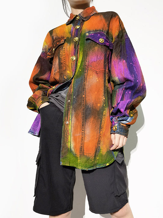 Fashion Denim Tie-Dyed Long Sleeves Buttoned Outerwear