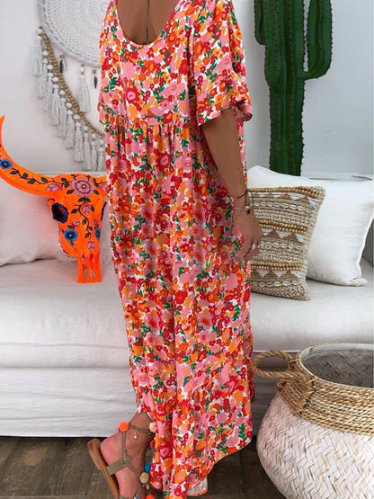 Loose Printed Round Neck Maxi Dress