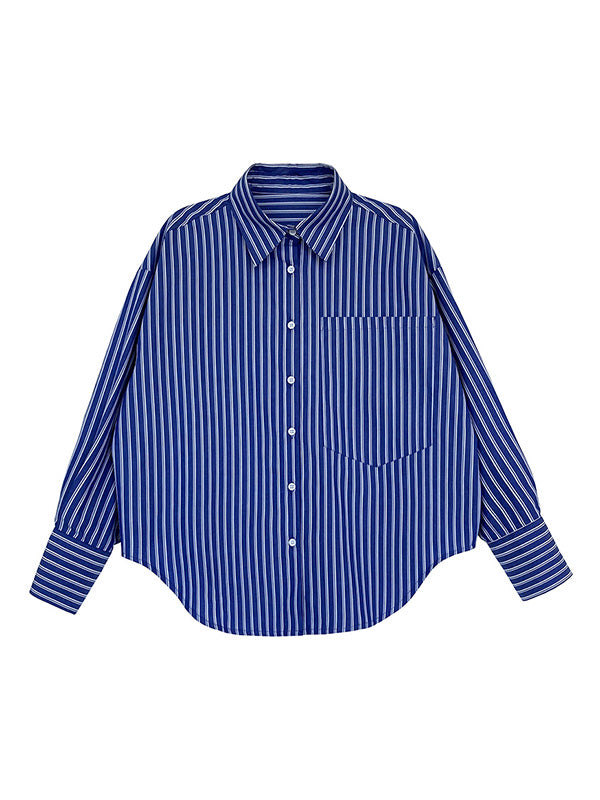 Chic Simple Striped Buttoned Split-Joint With Pocket Lapel Collar Long Sleeves Blouse