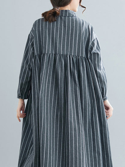 Simple Striped Buttoned Lapel Long Sleeves Shirt Dress
