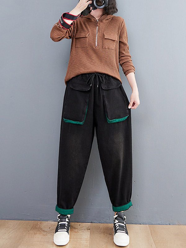 Loose Split-Joint With Pocket Elasticity Drawstring Wide Legs Harem Jean Pants