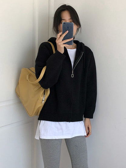 Fashion Solid Knitted Long Sleeves Hooded Outerwear