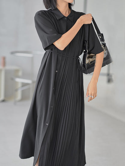 Stylish Split-Joint Pleated Belted Lapel A-Line Short Sleeves Midi Dress