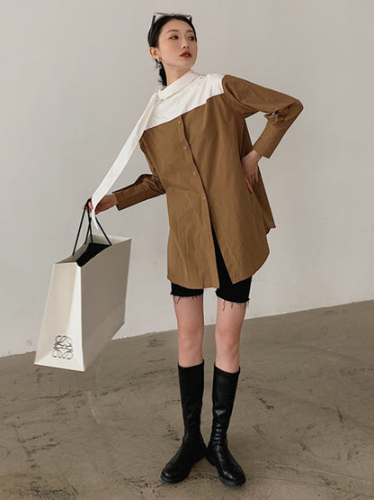 Original Loose Color Matching Split-Joint Buttoned Stand Collar Long Sleeves Blouse