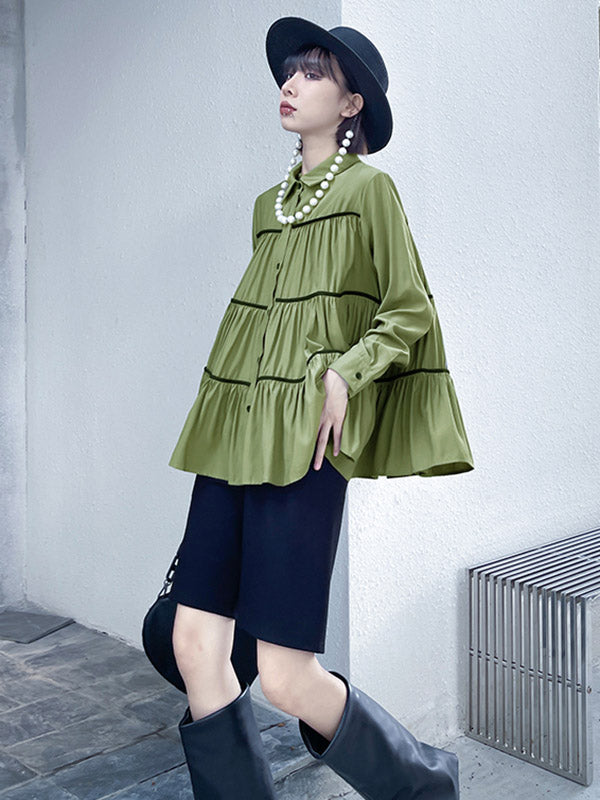 Original Buttoned Pleated Lapel Long Sleeves Blouse Tops