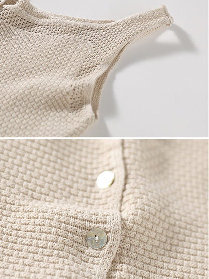 Simple Solid Color Buttoned V-Neck Hollow Vest Tops