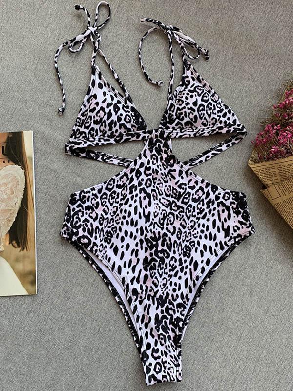 Solid Color Hollow Bandage Bikini Swimsuit