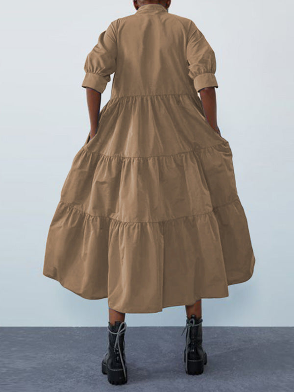 Original Solid Color Split-Joint Pleated Buttoned Stand Collar Half Puff Sleeves Midi Dress