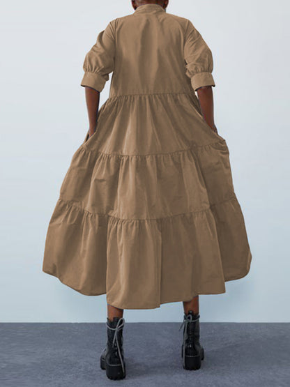 Original Solid Color Split-Joint Pleated Buttoned Stand Collar Half Puff Sleeves Midi Dress
