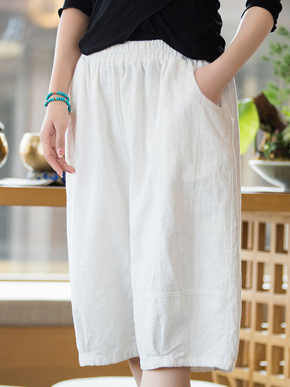 Artistic Retro Loose Ramie Cotton Solid Color Elasticity Shorts