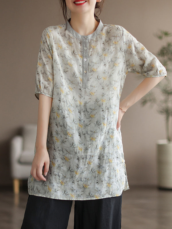 Vintage Half Sleeves Ramie Floral Printed Thin Round-Neck T-Shirt