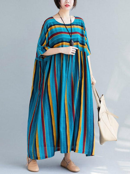 Loose Retro Striped Round-neck Long Dress
