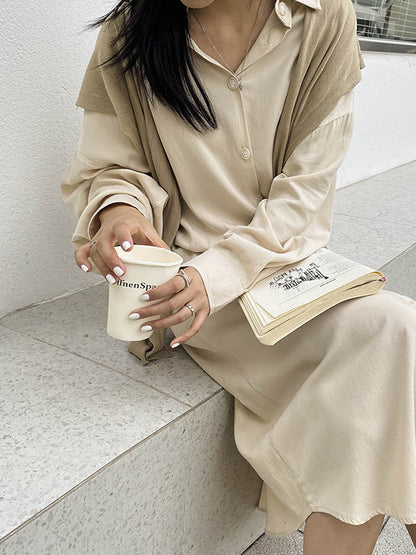 Simple Solid Color Buttoned Lapel Long Sleeves Shirt Dress