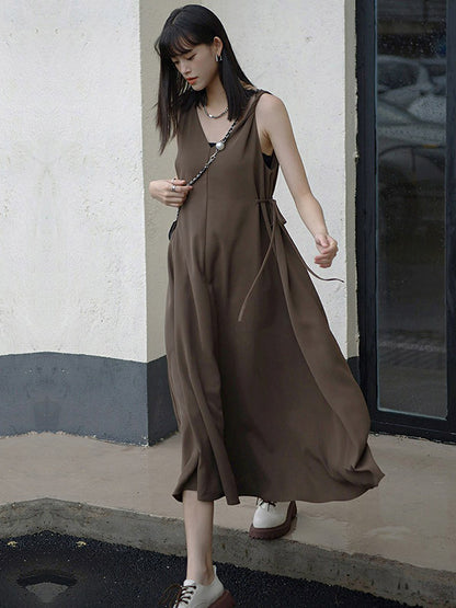 Urban Casual Brown&Black Sleeveless Midi Dress