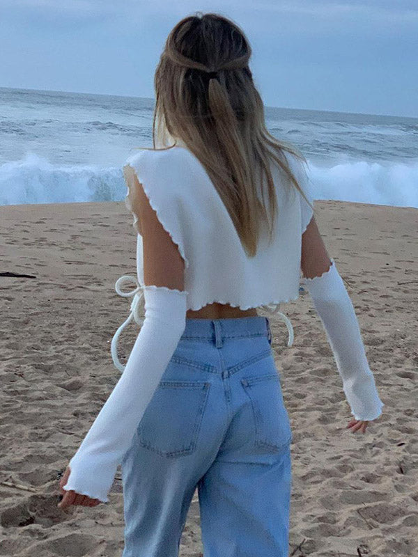 Knitted Hollowed Drawstring Solid Color Tops - kailaple