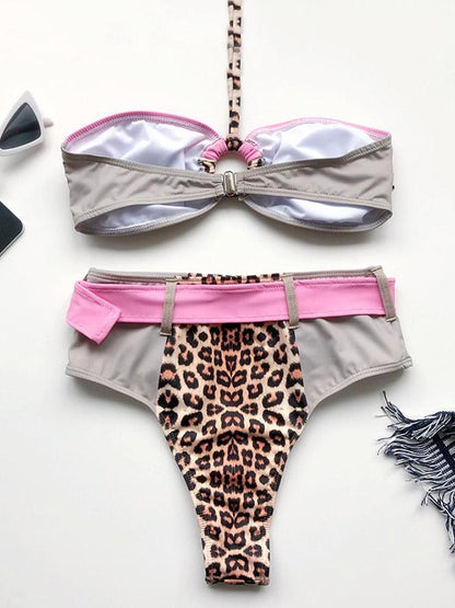 Leopard Print Split-Joint Belted Split Bikini Swimsuit