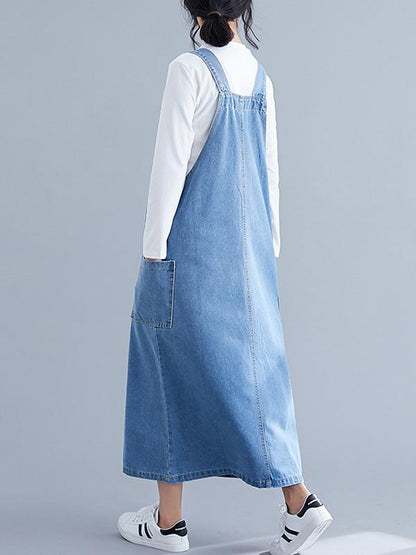 Denim Blue Front-pocket Long Dress