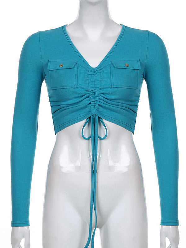 Drawstring  Pockets Long Sleeves Drawstring  Tees