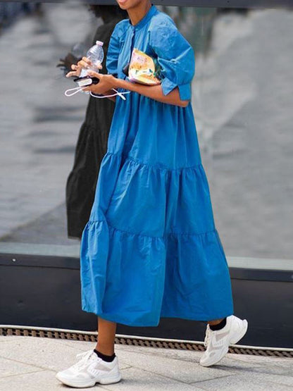 Original Solid Color Split-Joint Pleated Buttoned Stand Collar Half Puff Sleeves Midi Dress