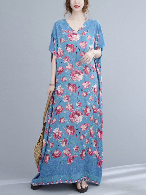 Loose Floral Printed V-Neck Short Sleeves Maxi Dress