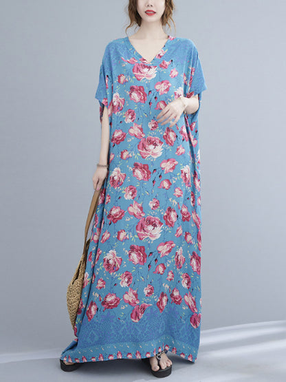 Loose Floral Printed V-Neck Short Sleeves Maxi Dress