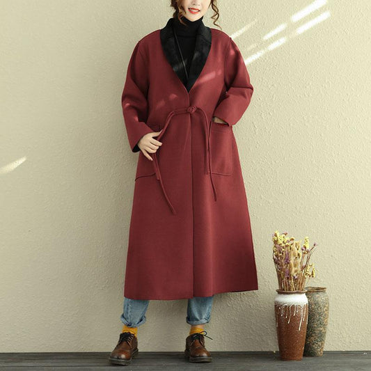 Casual Polo Collar Long Sleeve Red Women Woolen Coat