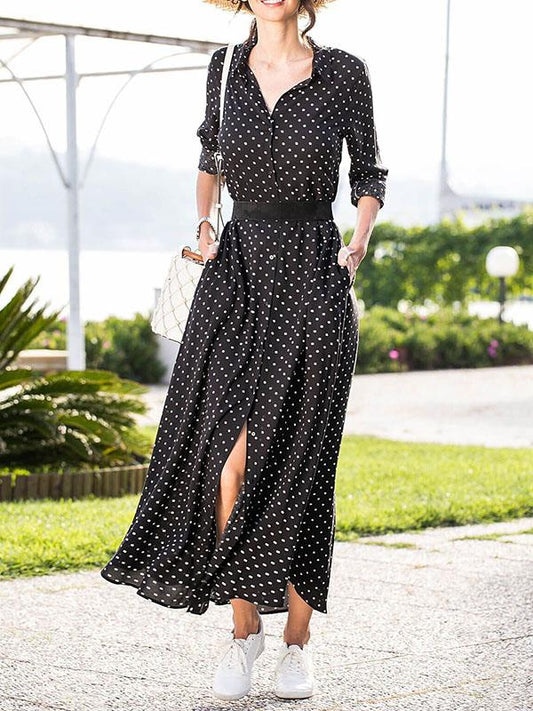 Polka-dot V-neck Long Sleeves Maxi Dress