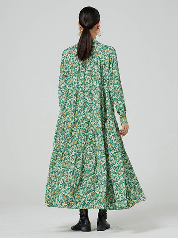 Original Buttoned Floral Printed Stand Collar Long Sleeves Loose Midi Dress