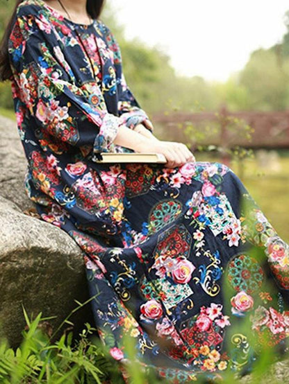 Autumn Loose Flower Print Maxi Dress