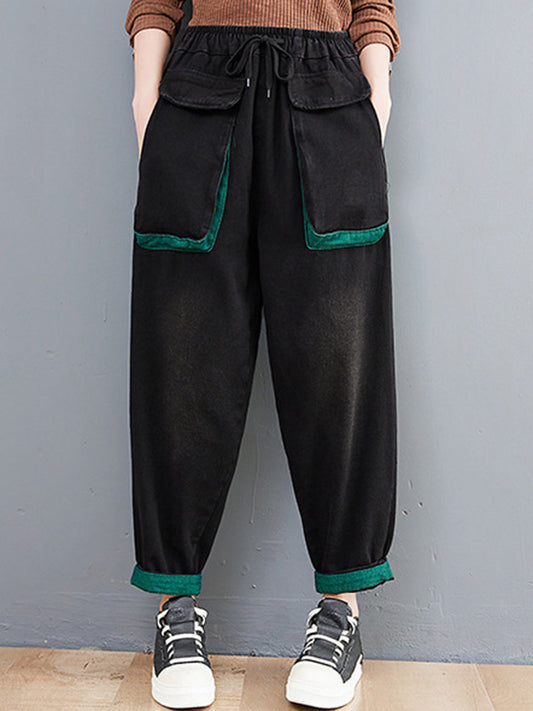 Loose Split-Joint With Pocket Elasticity Drawstring Wide Legs Harem Jean Pants